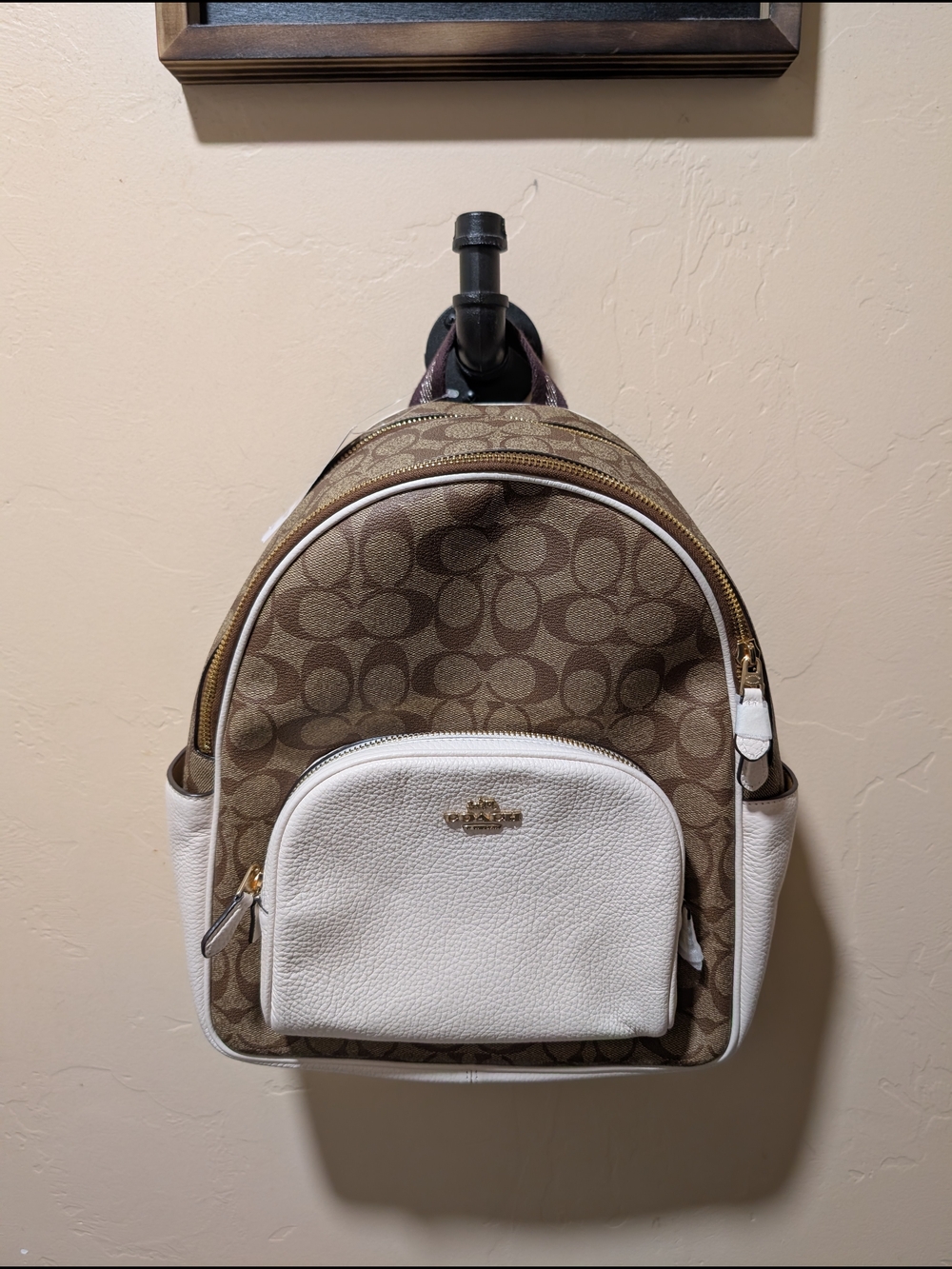 NWT coach Signature Canvas Brown Tan and White/Cream Leather Backpack